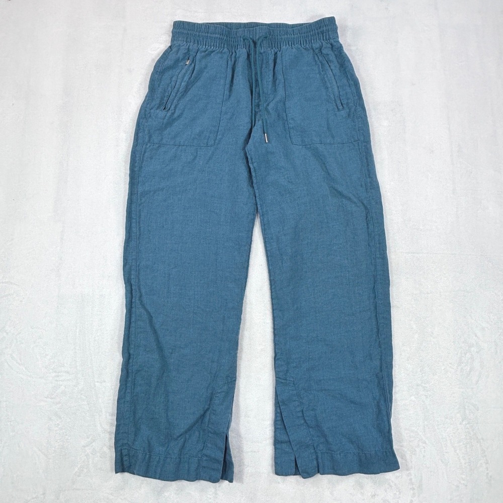 Athleta Womens Teal Blue Linen Blend Wide Leg Drawstring Athleisure Pants Size 6
